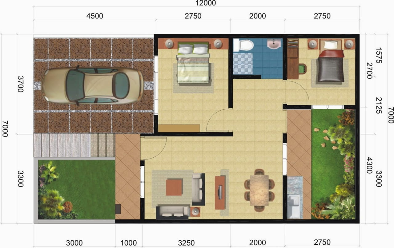 denah rumah 3 kamar ukuran 7x9 sederhana